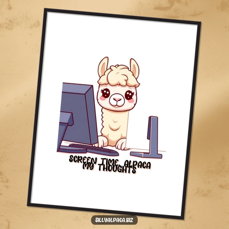 Funny Free Printable Wall Art: A curious alpaca character intently gazing at a computer screen, creating humorous tech-themed decor.