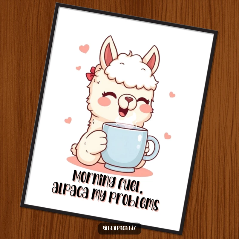 Funny Free Printable Wall Art: Amusing alpaca character joyfully drinking from a steaming mug, a humorous and cozy art piece for any room.