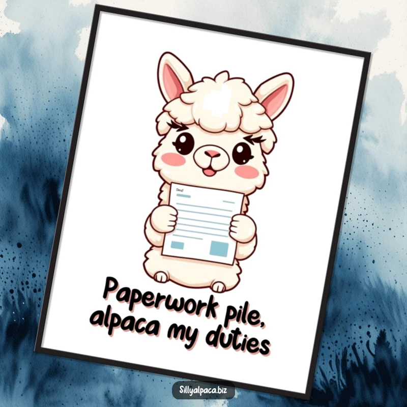 Funny Free Printable Wall Art: A smiling alpaca character proudly presenting a colorful document, adding a humorous and uplifting touch to decor.