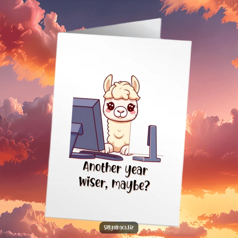 Funny Free Printable Birthday Card: Intrigued alpaca character peeking at a computer screen, displaying curiosity and a love for technology.
