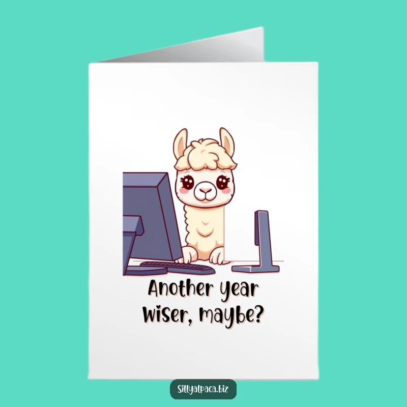 Free Printable Birthday Card: Curious Alpaca Techie, Hilarious Computer Lover Downloadable.