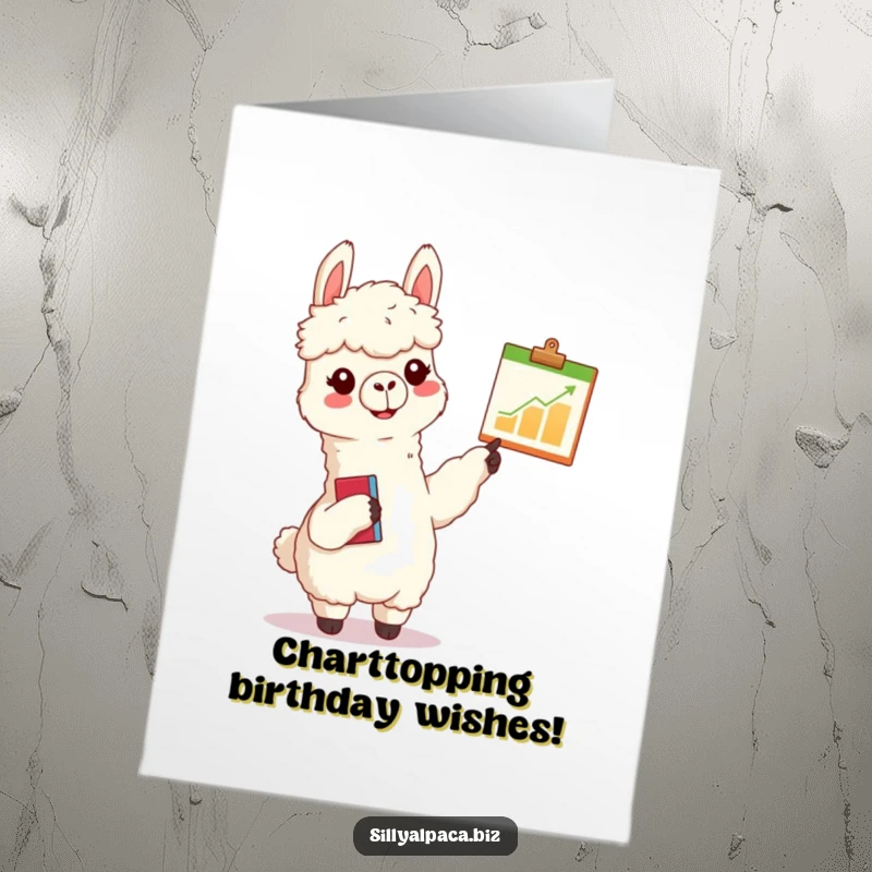Funny Free Printable Birthday Card: A cheerful alpaca excitedly points at a tiny chart holding a clipboard.