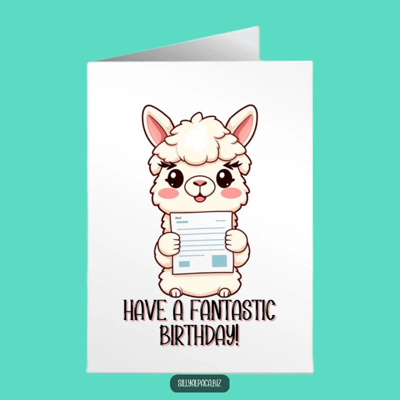 Free Printable Birthday Card: Cheerful Alpaca Document Giver, Funny Celebration Downloadable.