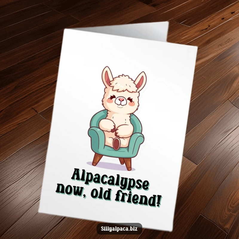 Funny Free Printable birthday card with a relaxed alpaca chilling in a tiny chair, radiating chill vibes for a laid-back celebration.