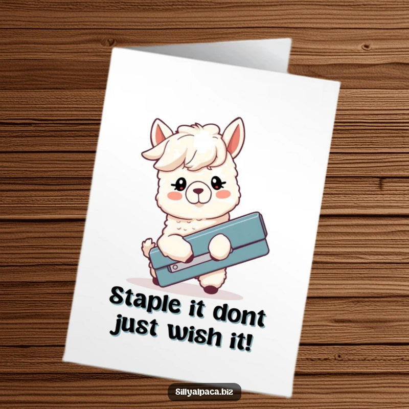 Funny Free Printable Birthday Card: Silly alpaca with floppy ears wrestling a giant stapler, perfect for laughs.