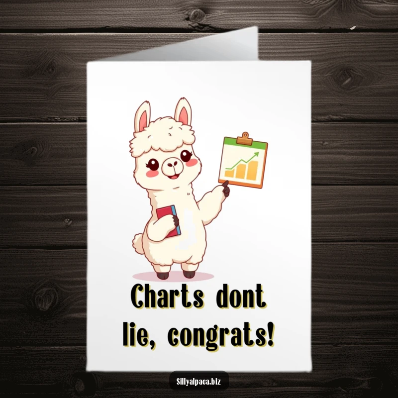 Funny Free Printable Congratulations Card: A cheerful alpaca enthusiastically points to a small chart on a clipboard.