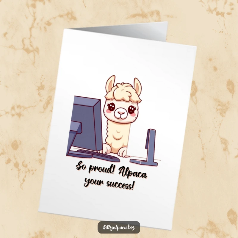 Funny Free Printable Congrats Card: An inquisitive alpaca character closely examining a computer monitor, embodying tech curiosity.