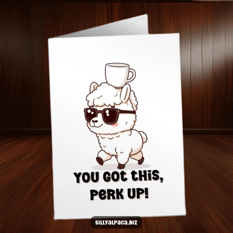 Funny Free Printable Congrats Card: Determined alpaca marches forward with coffee balanced on head celebrating victory.