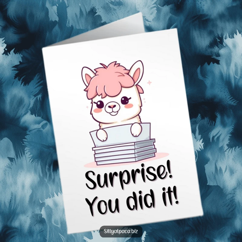 Funny Free Printable Congrats Card: Mischievous alpaca grinning while hiding behind a stack of papers, playful.