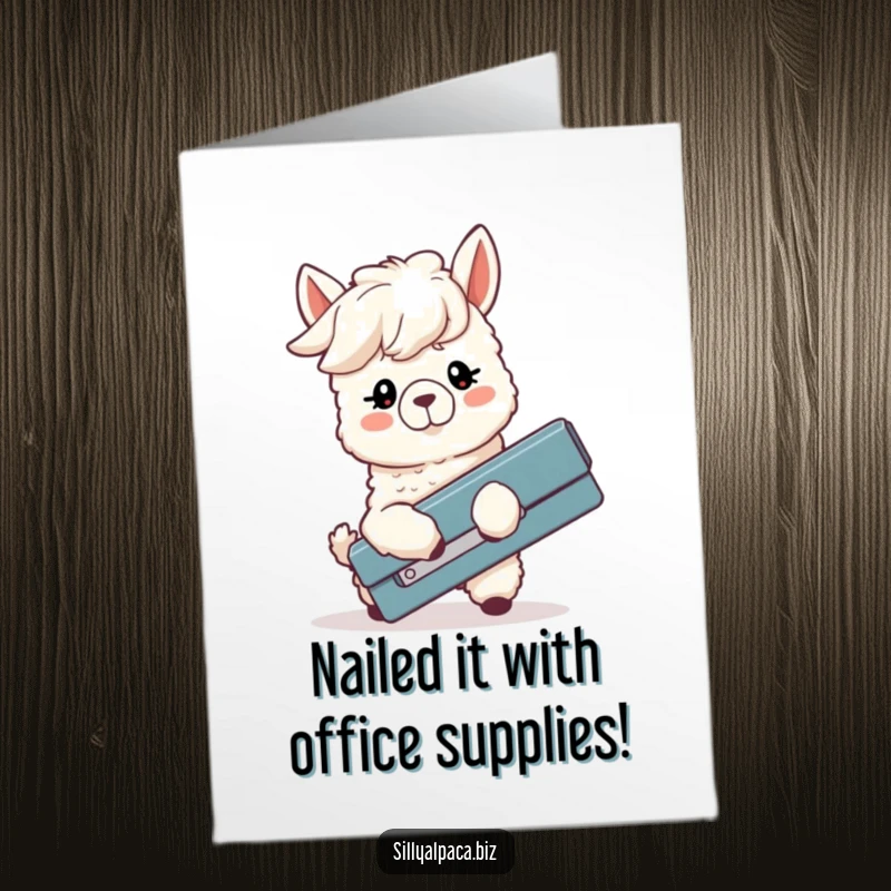 Funny Free Printable Congrats Card: Silly alpaca hilariously fails with a large stapler, perfect for congratulations.
