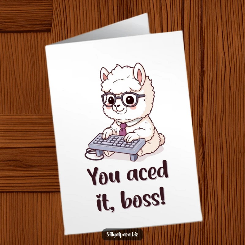Funny Free Printable Congratulations Card: An alpaca wearing glasses and a tie rapidly types on a miniature keyboard.