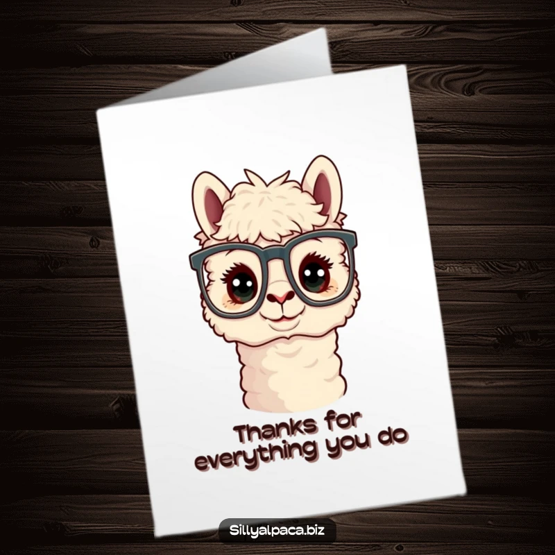 Funny Free Printable Thank You Card: An observant alpaca with large office glasses, offering thanks with a thoughtful look.
