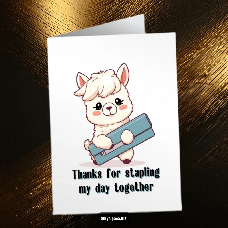 Funny Free Printable Thank You Card: Silly alpaca in a comical struggle with an oversized stapler.