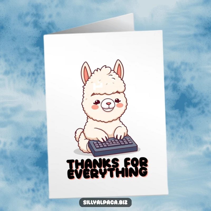 Funny Free Printable Thank You Card featuring a fluffy alpaca typing on a tiny keyboard to say thanks.