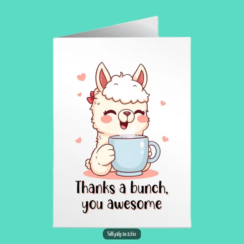 Free Printable Thank You Card: Whimsical Alpaca Mug, Heartfelt & Humorous Downloadable.