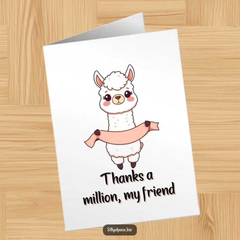 Funny Free Printable Thank You Card: A happy alpaca character unfurling a banner to express gratitude with a big smile.