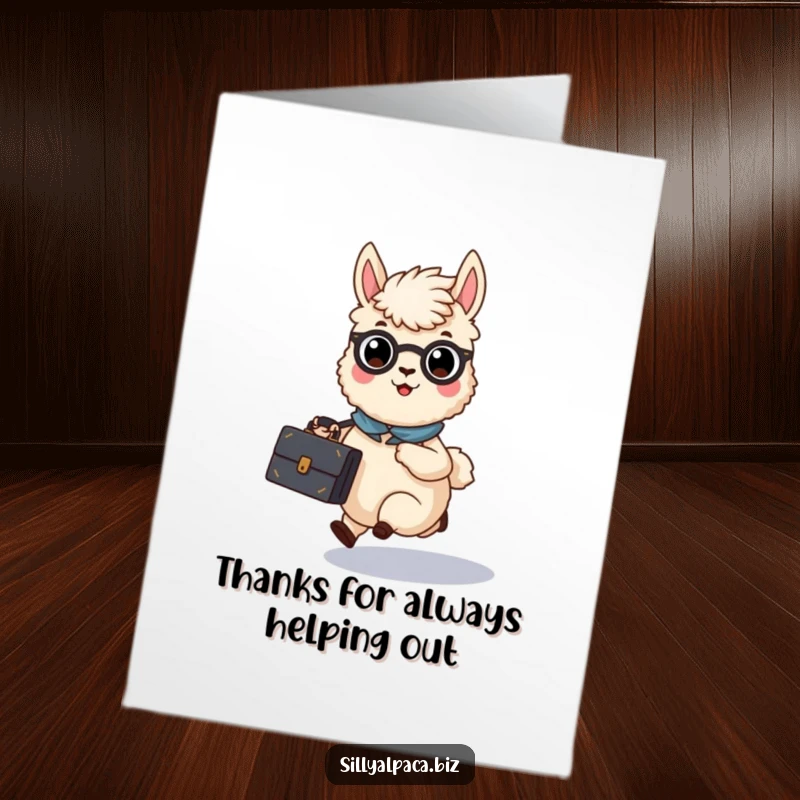 Funny Free Printable Thank You Card: A busy alpaca character rushing with a briefcase, expressing thanks for hard work.