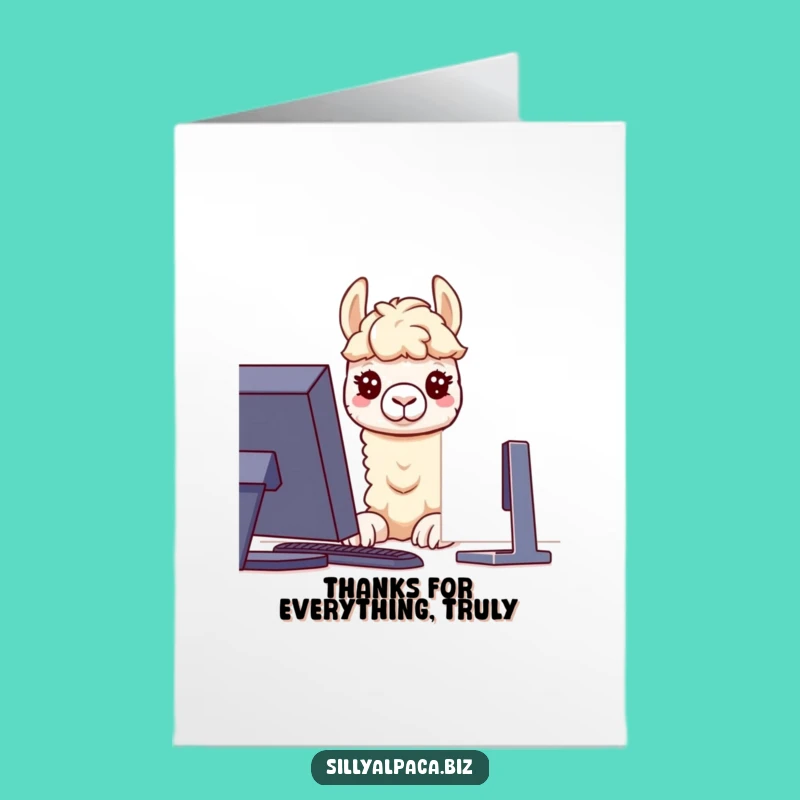 Free Printable Thank You Card: Puzzled Alpaca Tech Support, Humorous Downloadable Gratitude.