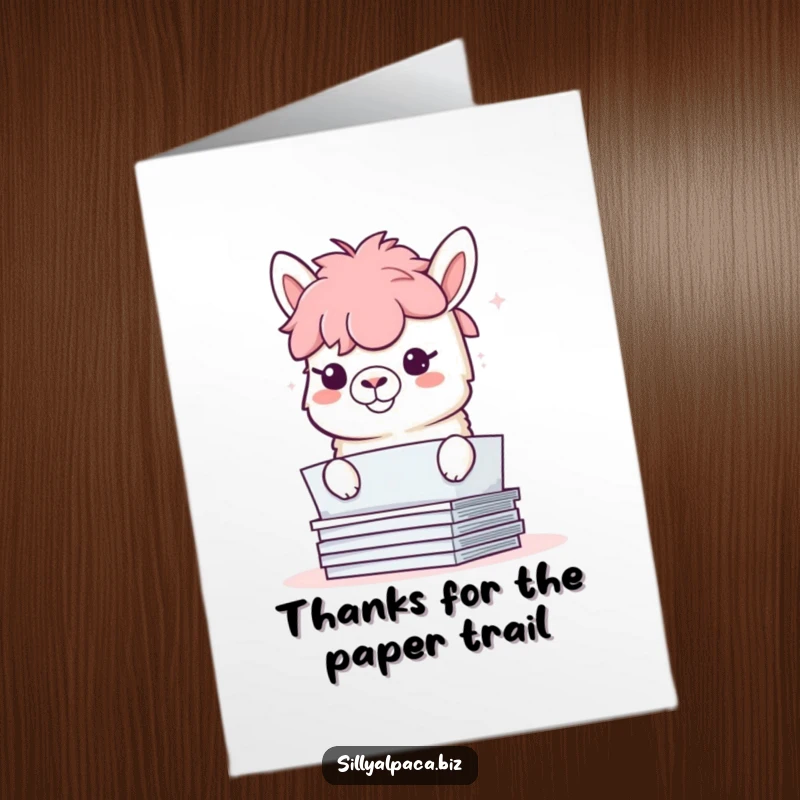 Funny Free Printable Thank You Card: Mischievous alpaca hiding behind papers with a grin, a funny thank you.