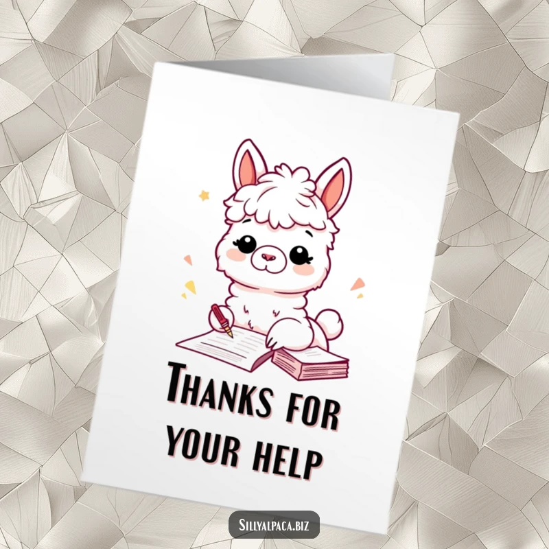 Funny Free Printable Thank You Card featuring a playful alpaca character enthusiastically filing papers.