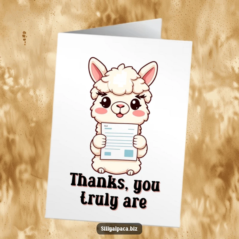 Funny Free Printable Thank You Card: A beaming alpaca character proffering a vivid document, conveying thanks with a cheerful and humorous gesture.