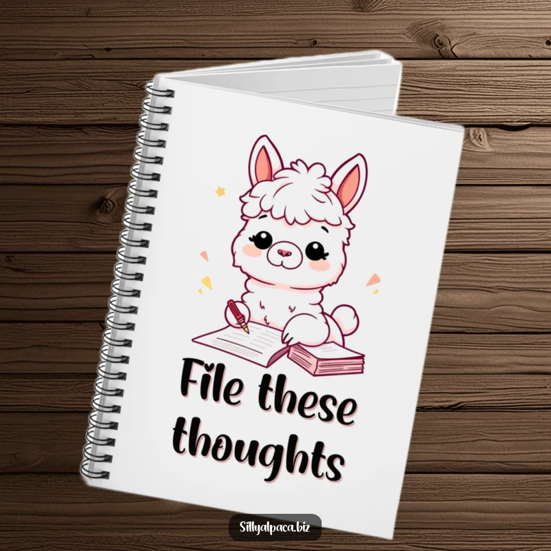 Funny notebook with a playful alpaca filing papers, ideal for jotting down notes and ideas with a touch of organizational charm.
