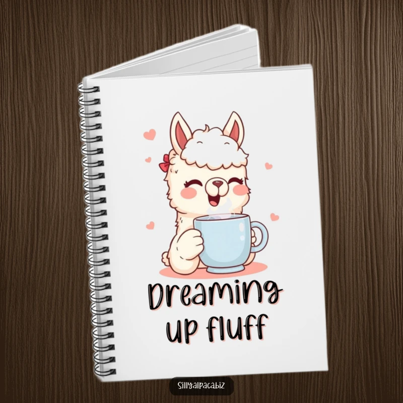 Funny notebook cover with a cheerful alpaca character savoring a steaming mug, designed to inspire joy and creativity in note-taking.