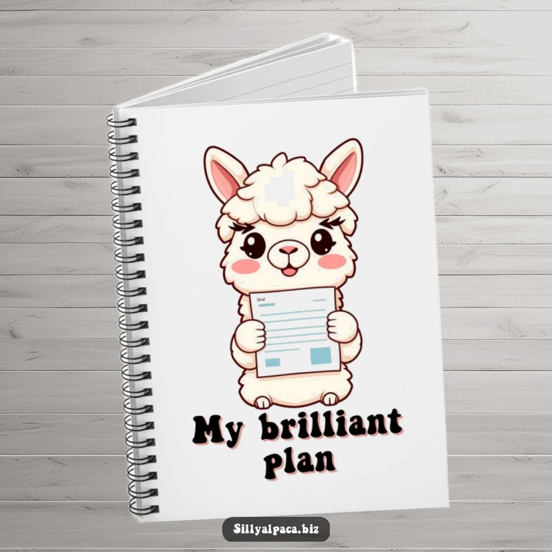Funny notebook cover with a smiling alpaca character holding a colorful document, encouraging clear thinking and organized note-taking.