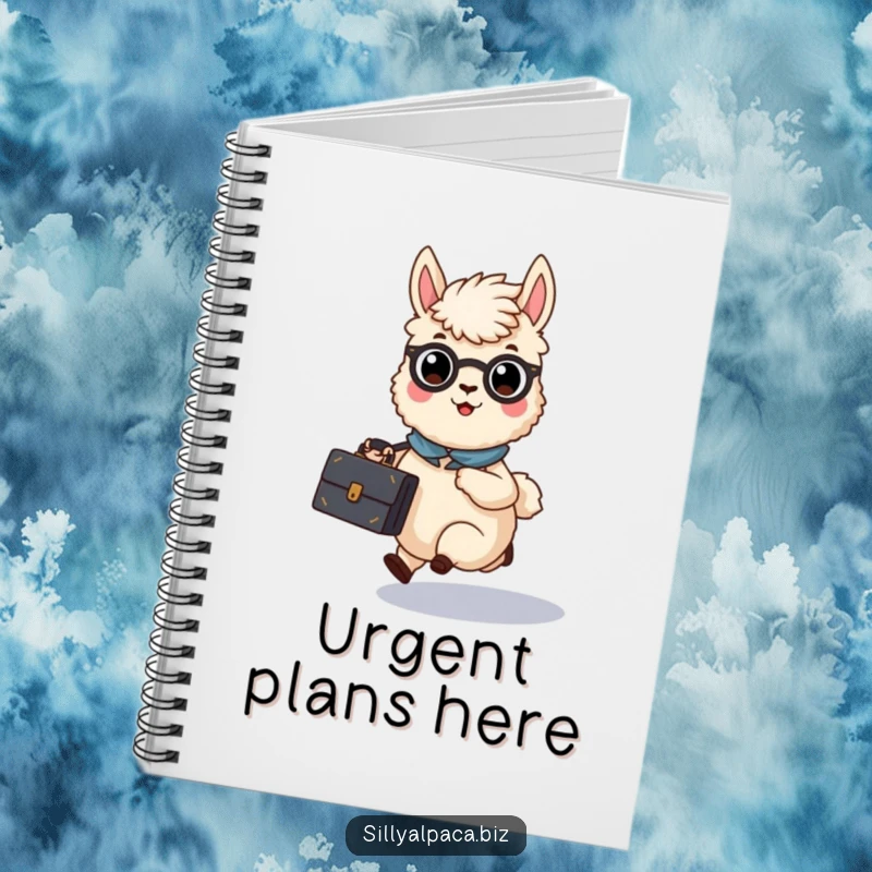 Funny Busy Alpaca Briefcase Notebook featuring a hurried alpaca character with a briefcase, perfect for planning and notes.