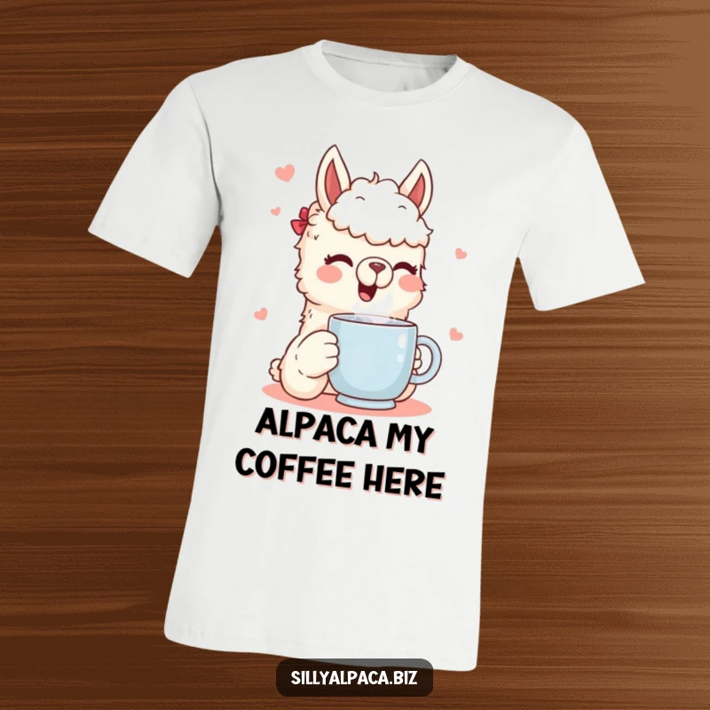 Funny t-shirt with a cheerful alpaca character joyfully drinking from a steaming mug, exuding warmth and happiness, perfect for casual wear.