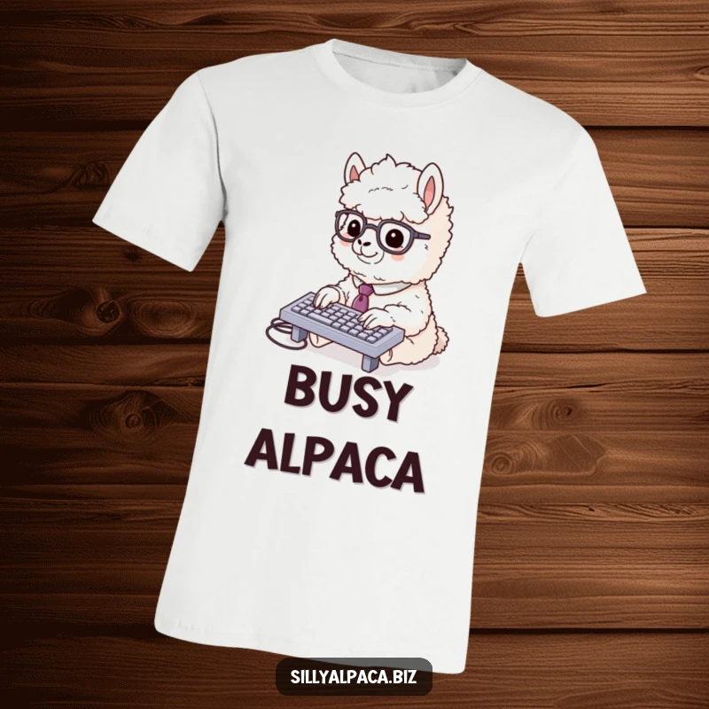 Funny alpaca t-shirt of a fluffy alpaca in a tie and glasses typing rapidly on a miniature keyboard, great for work humor.