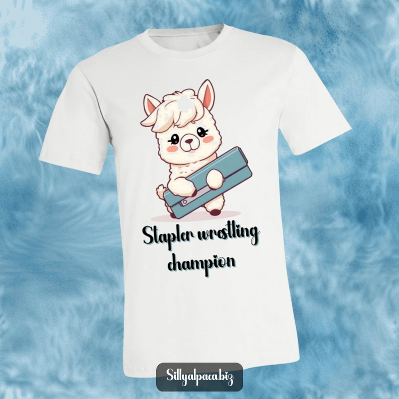 Funny t-shirt with a silly alpaca whose ears are down, hilariously fumbling with a massive stapler, expressing workplace struggles.