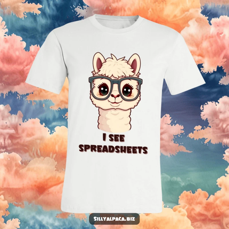 Funny Curious Alpaca Office Glasses T-Shirt featuring a cute alpaca peering through large, professional-looking office glasses.