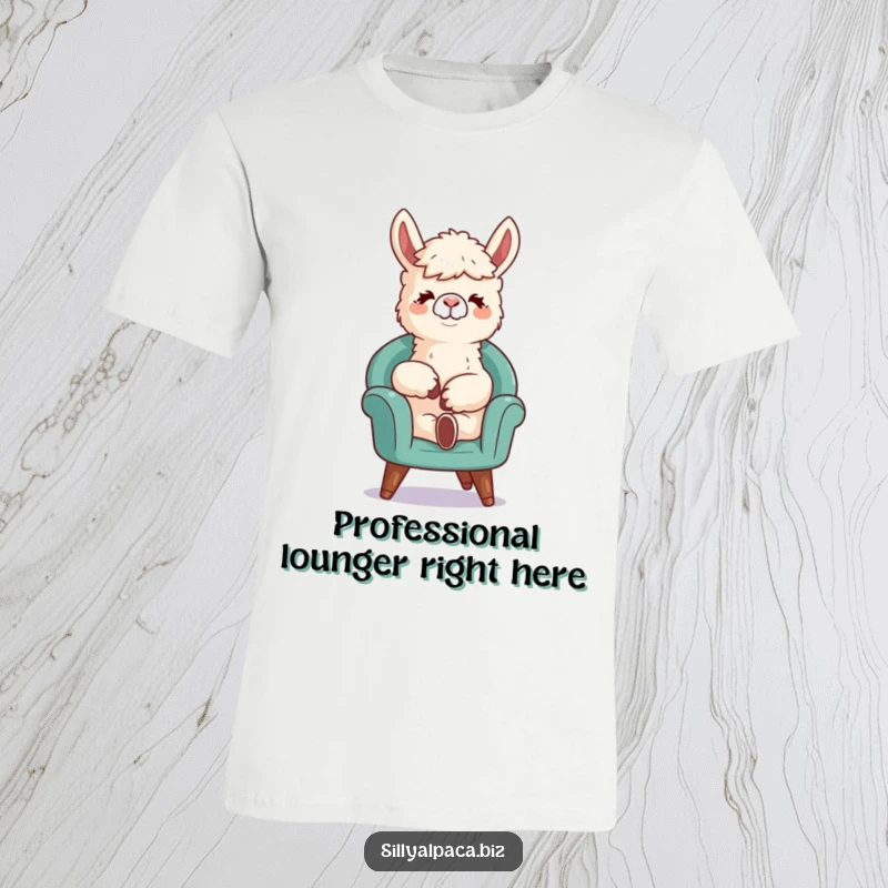 Funny t-shirt showcasing a relaxed alpaca character leaning back in a ridiculously small chair, radiating ultimate comfort and humor.