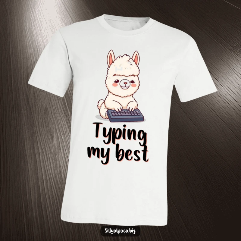 Funny T-Shirt: A fluffy alpaca character joyfully typing on a tiny keyboard, depicting a love for technology and creative digital work.