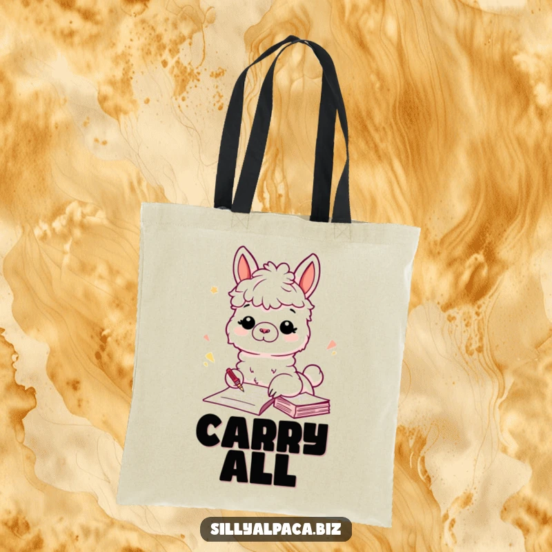 Funny tote bag showcasing a playful alpaca enthusiastically filing papers, perfect for carrying documents with a humorous, organized theme.