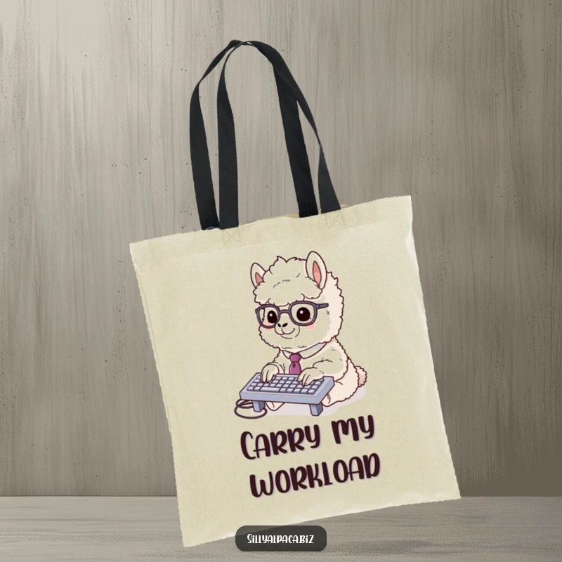 Funny alpaca tote bag featuring a fluffy alpaca in a tie and glasses typing rapidly on a miniature keyboard, ideal for work or study.