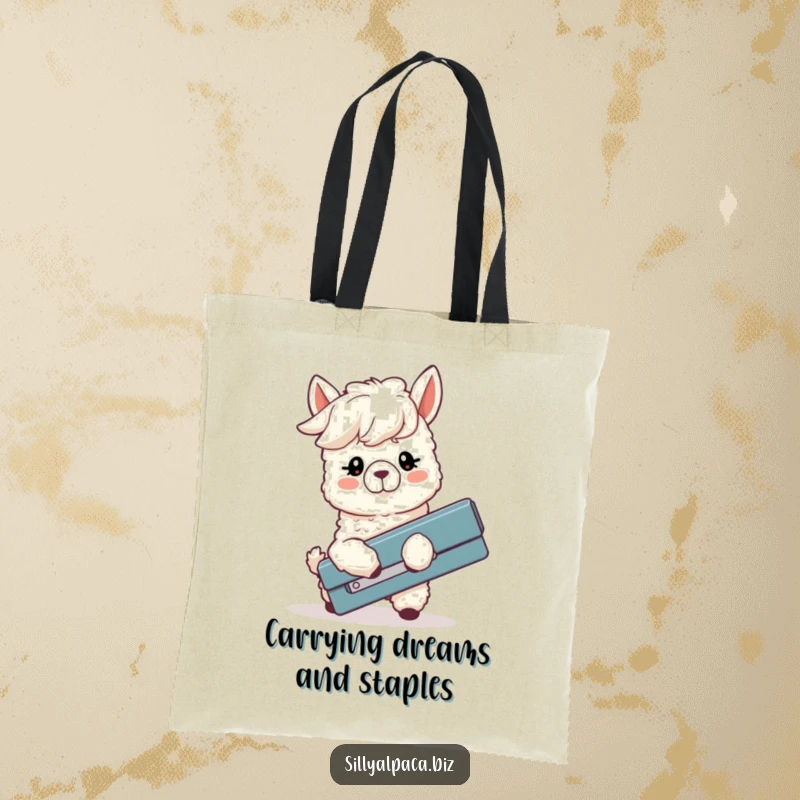 Funny tote bag featuring a silly alpaca with droopy ears hilariously failing to operate a huge stapler, perfect for carrying humor.