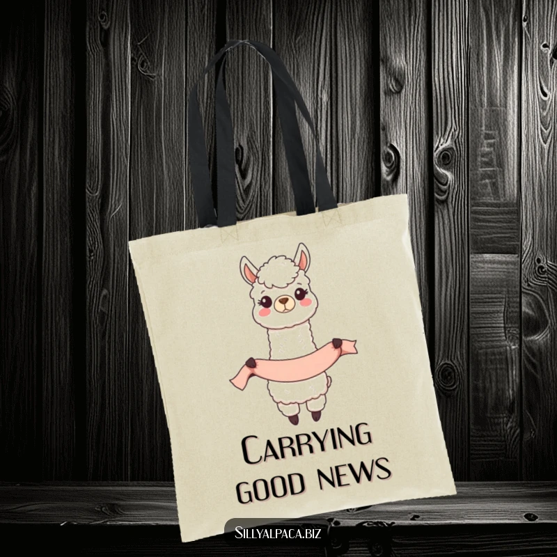 Funny Happy Alpaca Banner Tote Bag showing a cheerful alpaca character holding a long unfurled banner, perfect for events.