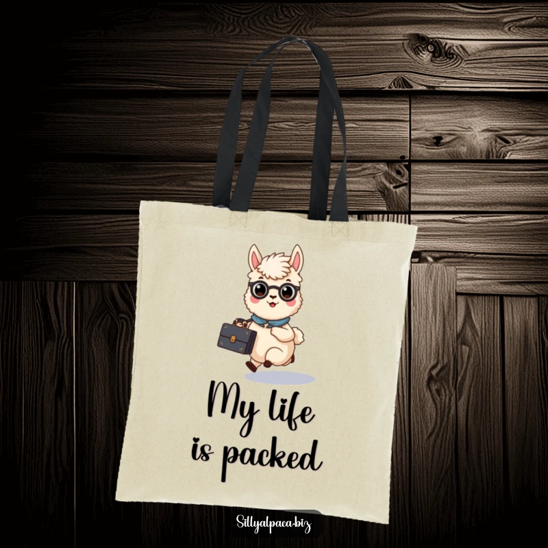 Funny Busy Alpaca Briefcase Tote Bag showing an alpaca character in a rush with a briefcase, symbolizing efficiency.
